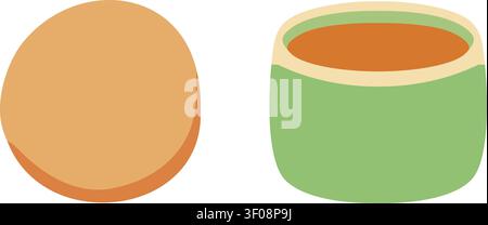 Flat illustration of a round cookie beside a green cup filled with warm tea in a simple snack composition Stock Vector