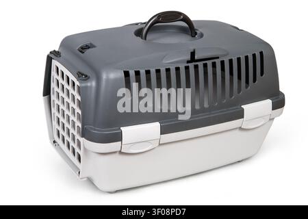 Carrier container for a cat on a white background. Plastic carrier for pets. Stock Photo