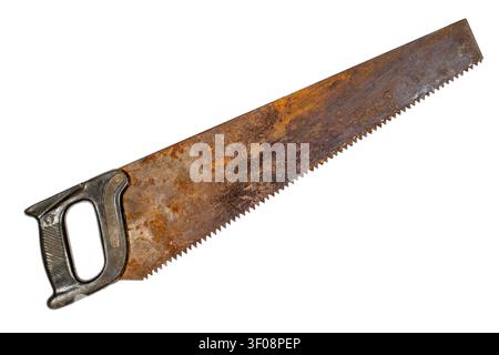 An old rusty hacksaw for sawing wood. Rusty saw close-up. Stock Photo