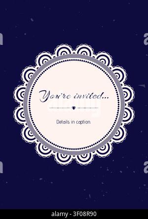Elegant lace border card, scalloped edges on embroidery theme. Vertical blue frame. Stock Vector