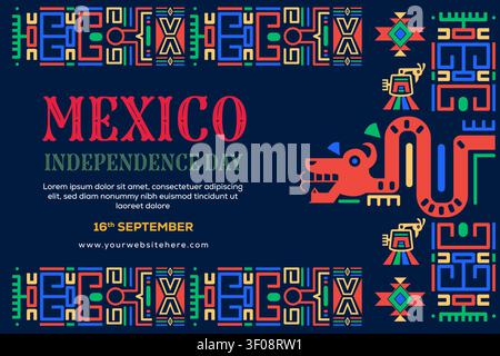 Mexican Independence Day Horizontal Banner with Aztec Dragon Stock Vector