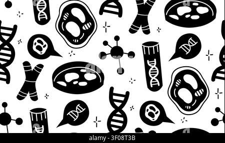 Vector monochrome seamless pattern with DNA and molecules. Genetic study of deoxyribonucleic acid. Scientific texture for wrapping paper and wallpaper Stock Vector
