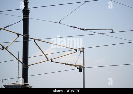 Electric wires stretch across a clear blue sky in the city Stock Photo
