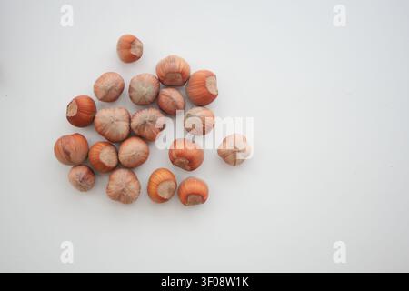 Fresh hazelnuts scattered on a white background Stock Photo