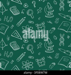 School seamless pattern with hand drawn doodle illustrations. Green background with sketch style education symbols. Vector. Stock Vector