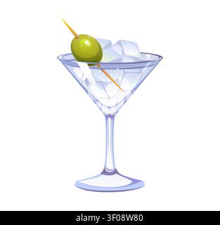 Martini with olive cocktail glass, alcohol drink Stock Vector