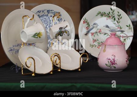Elegant Porcelain Tea Set with Pink Teapot and White Plates Stock Photo