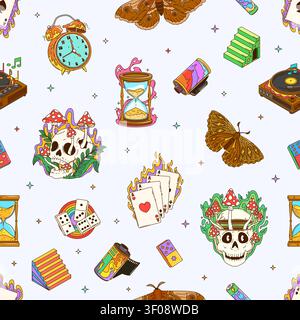 Cartoon groovy characters in Y2K seamless pattern Stock Vector