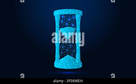Neon low poly wireframe hourglass on dark blue background. Stock Vector