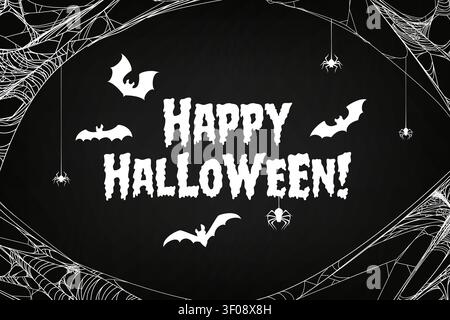Halloween greeting card with flying bats, spiders Stock Vector