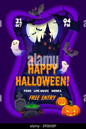 Castle, ghosts on paper cut Halloween party flyer Stock Vector