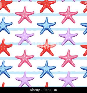 Summer Marine Stripe Sea Starfish Seamless Pattern Stock Vector