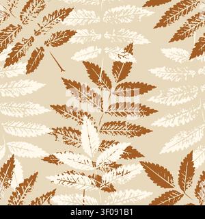 Autumn rowan leaves seamless pattern with realistic ink stamps texture for thanksgiving wrapping paper, textile fabric and wallpaper design in beige, cream and terracotta brown colors. Vector illustration Stock Vector