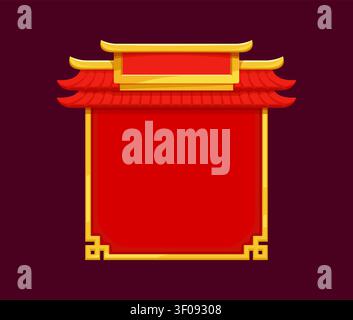 Asian frame with oriental Chinese gate and pagoda roof. Vector red panel with gold border and decorative corner, traditional architecture banner template for festival celebration, blank background Stock Vector