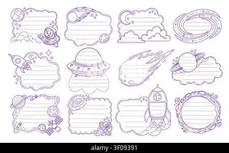 Kids memo note frames with cute kid astronaut, galaxy space stars and rockets borders. Vector space notebook page, school diary or planner frame templates. Sticky note paper, memo pad, to do list set Stock Vector
