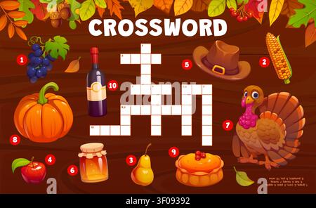 Crossword quiz game grid with autumn and Thanksgiving harvest. Thanksgiving holiday crossword kids riddle, vocabulary puzzle game with turkey, pie, vegetables and fruits, wine, honey, leaves and hat Stock Vector