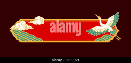 Oriental Japanese and Chinese festive banner with decorative Asian ornament, vector frame. Flying crane or stork bird and Chinese or Japanese clouds ornament for Oriental red banner or design element Stock Vector