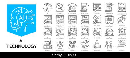 AI artificial intelligence technology icons of thin line robot with digital brain. AI agent, prompt and thinking, image, idea and music generate, data analytics and digitalization technologies icons Stock Vector