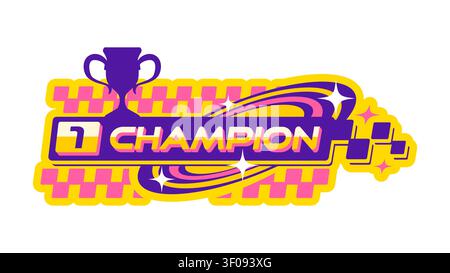 Automobile speed race motorsport Y2K retro icon or sign. Speed racing grand prix Y2K vector emblem, championship sign. Rally competition icon with champion cup prize and golden typography Stock Vector