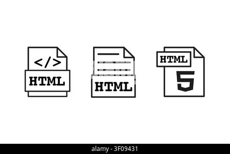 HTML file outline icon set in minimal line art style. Web development document symbols for coding, markup language, HTML design. Vector graphics for Stock Vector