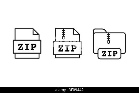 ZIP file outline icons set, vector illustration of compressed file and folder symbols with zipper design. Minimal line art style for digital storage Stock Vector