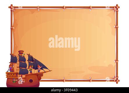 Cartoon kids pirates and corsairs on sail ship with old banner. Corsair children characters on wooden sailing ship with dark sails beside blank parchment frame. Nautical adventure background template Stock Vector