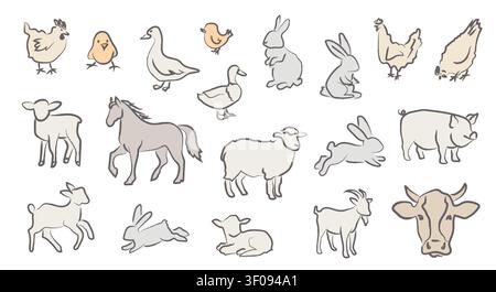 Pastel hand drawn farm animals in soft vintage colors. Cute rustic livestock and poultry vector illustrations for children, education, branding Stock Vector
