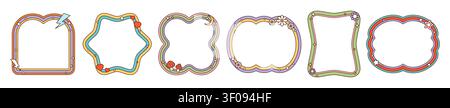 Retro y2k groovy wavy frames, cartoon hippie psychedelic wave borders with wavy scalloped edges. Blank abstract shapes decorated with hearts, daisy flowers or stars, amanita mushrooms, lightning bolts Stock Vector