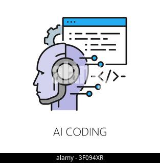 Software AI coding program code line icon or sign. Program code development linear icon, computer system programing symbol. Software technology sign Stock Vector