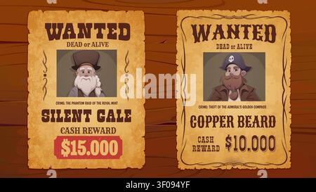 Old paper pirate crime wanted poster scroll with reward on wood background. Wanted dead or alive pirate posters with cartoon buccaneer portraits. Retro wild west reward boards for pirate party decor Stock Vector
