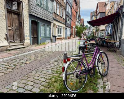 Medieval alley in the Old Town of Marburg, Hesse, Germany. Stock Photo