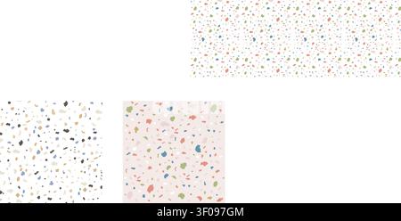 Venetian terrazzo floor texture with scattered marble fragments and speckles blue, green. Seamless pattern featuring natural stone pieces on soft pink backdrop for contemporary tile. Stone surface . Vector illustration Stock Vector