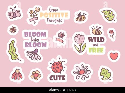 Cute Floral Hand Drawn Sticker Planner Set with Flowers, Bees, Leaves, Ladybug and Positive Quotes. Isolated Spring Doodle. Vector Illustration Stock Vector