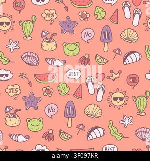 Cute Summer Seamless Pattern Doodle. Kawaii Frog, Sun and Cloud in Glasses, Watermelon, Cactus, Seashell, Popsicle, Flip Flops and Tropical Elements o Stock Vector