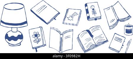 Books and Notebooks Doodle. Study and Reading Set. Table Lamp, Open and Closed Book with Bookmark, Candle, Pen and Paper Journal. Isolated Blue Line A Stock Vector