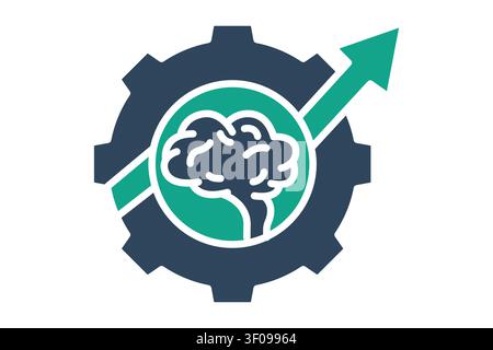 Skill development icon. solid icon style. of a green human brain inside a dark blue gear, with a green arrow cutting upward through the center to show Stock Vector