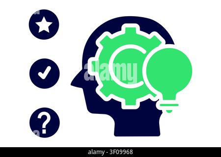 Decision making icon. solid icon style. of a human head with a gear and a green lightbulb inside, next to three option circles: a star, a checkmark, a Stock Vector