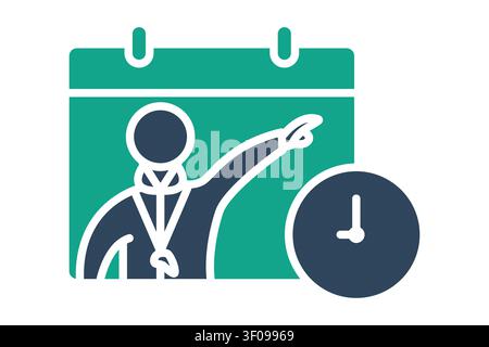 Schedule icon. solid icon style. showing a coach pointing forward inside a calendar outline, paired with a green clock icon in the foreground. Stock Vector