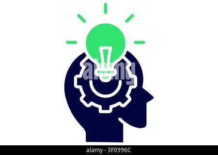 Insight icon. solid icon style. of a human head containing a dark blue gear and a bright green, glowing lightbulb sitting on top of the head Stock Vector