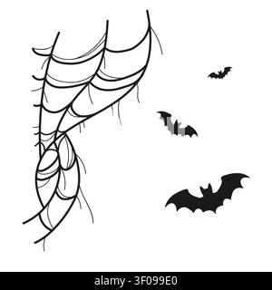 Black and white Halloween illustration with spider web and flying bats, perfect for spooky seasonal design, decoration Stock Vector