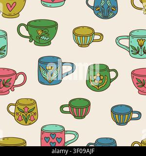 Hygge doodle coffee cups seamless pattern. Cozy scandi mugs line art wallpaper Stock Vector
