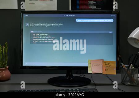 Computer Monitor Displaying AI Coding Assistant for Web Development Stock Photo
