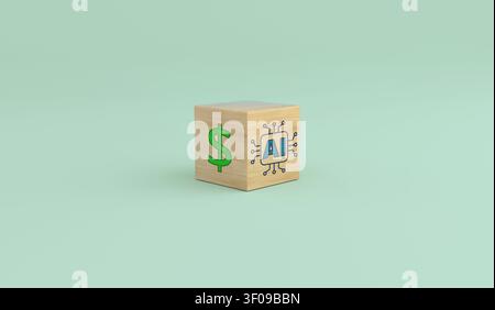 Wooden cube displaying dollar sign and ai symbol, illustrating the financial aspects and investments in artificial intelligence technology Stock Photo