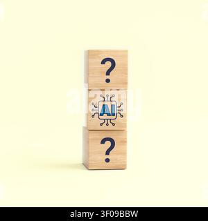 Wooden cubes stack featuring question marks and an ai chip symbol, representing artificial intelligence queries and dilemmas Stock Photo