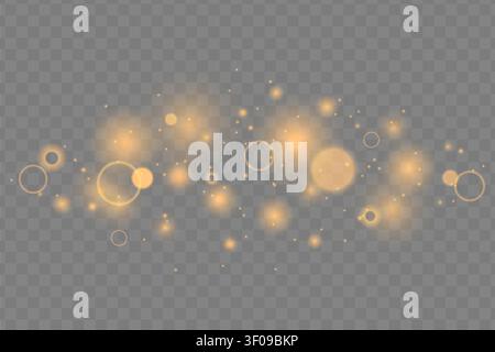 Gold sparkle overlay with glowing bokeh glitter lights on transparent background. Luxury shiny dust and stars backdrop. Soft glowing sparkling magical Stock Vector