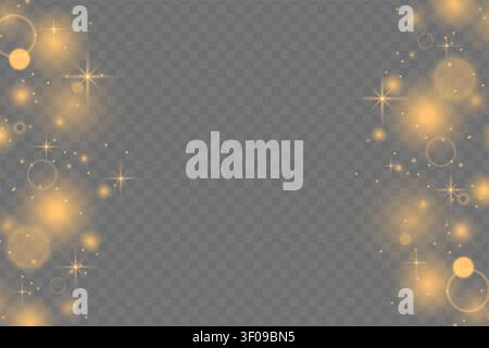 Golden sparkle and glowing bokeh lights on transparent background. Luxury glitter shiny dust and stars overlay. Soft glowing sparkling magical bokeh Stock Vector