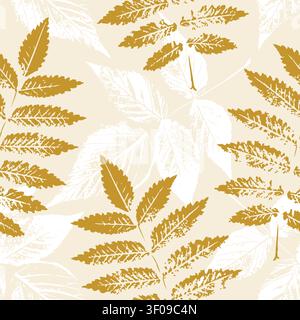 Autumn rowan and raspberry leaves seamless pattern with realistic ink stamps texture for thanksgiving wrapping paper, fashion textile fabric and wallp Stock Vector