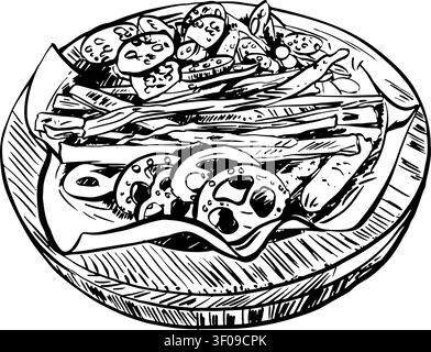 Beer snacks, vector, hand drawn food illustration: dried fish, sausage, breadsticks, pretzels, crackers and chips in a wooden bowl. Vintage engraving Stock Vector