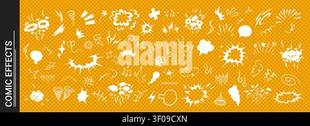 Explosive doodle comic action scene featuring dynamic burst effect vector illustration set. Stock Vector