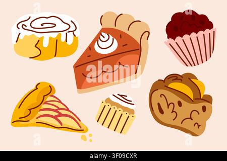 Hand Drawn Homemade Dessert Collection with Cake, Pie, Muffin and Sweet Pastries, Cozy Bakery Illustration for Cafe Menu and Food Branding Stock Vector